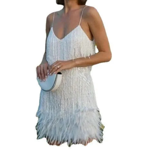 Summer Colorful Feather Patchwork Sleeveless Dress, Fashionable Sequins Framed Amazon Direct Sales Women