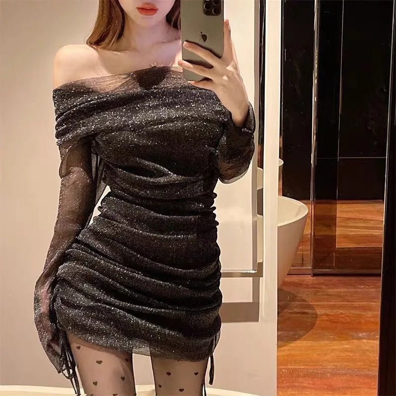 Sexy Mesh Off Shoulder Strapless Dress for Women, Slimming Hip Covering Gown New Arrival Early Autumn