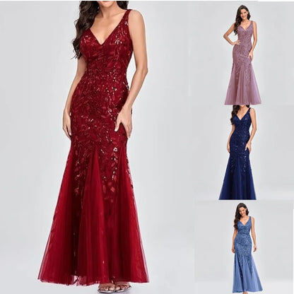 Elegant Sleeveless Summer Sequin Dress, Fashionable V-neck Socialite Stylegown, Hot Selling Cross-border Evening Wear