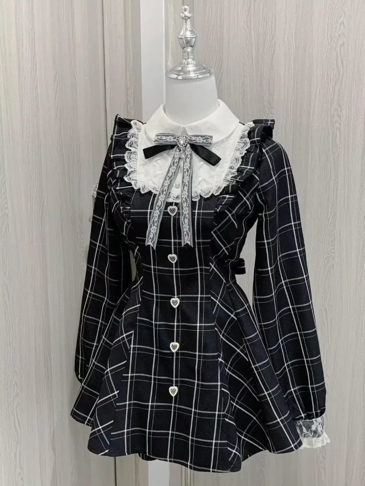 Harajuku Sweet Bow Black Plaid Dresses, Kawaii Lolita Dress for Women, Slim Fit Autumn Long Sleeve