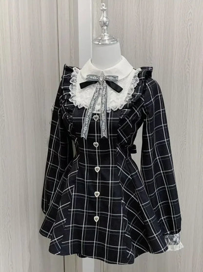 Harajuku Sweet Bow Black Plaid Dresses, Kawaii Lolita Dress for Women, Slim Fit Autumn Long Sleeve