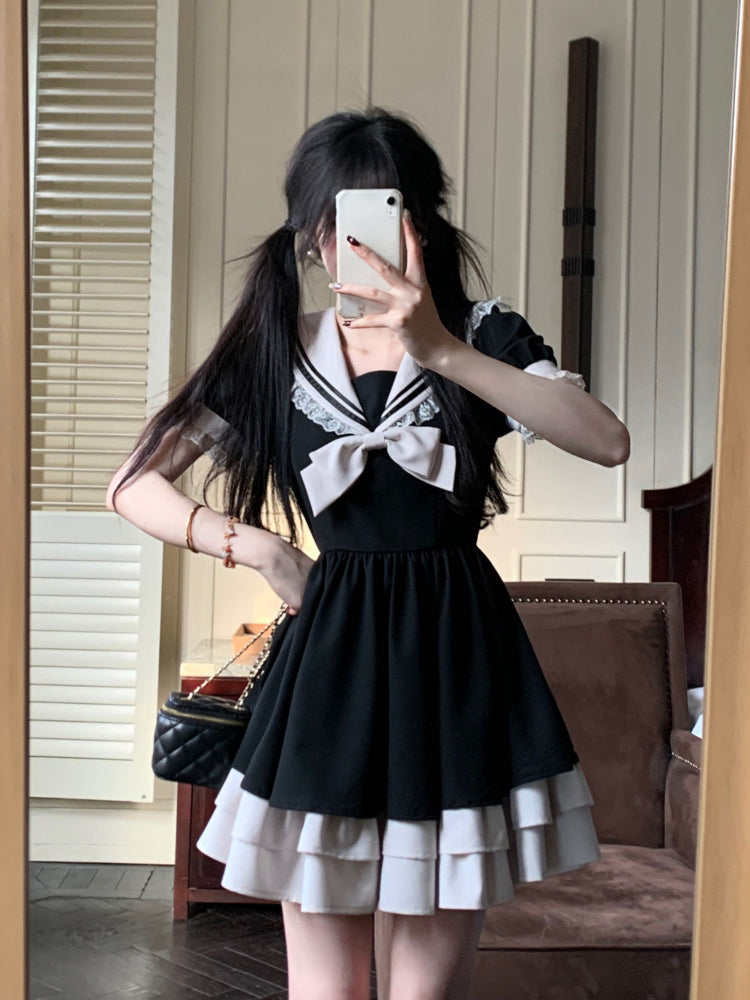 Harajuku Sweet Bow Black Plaid Dresses, Kawaii Lolita Dress for Women, Slim Fit Autumn Long Sleeve