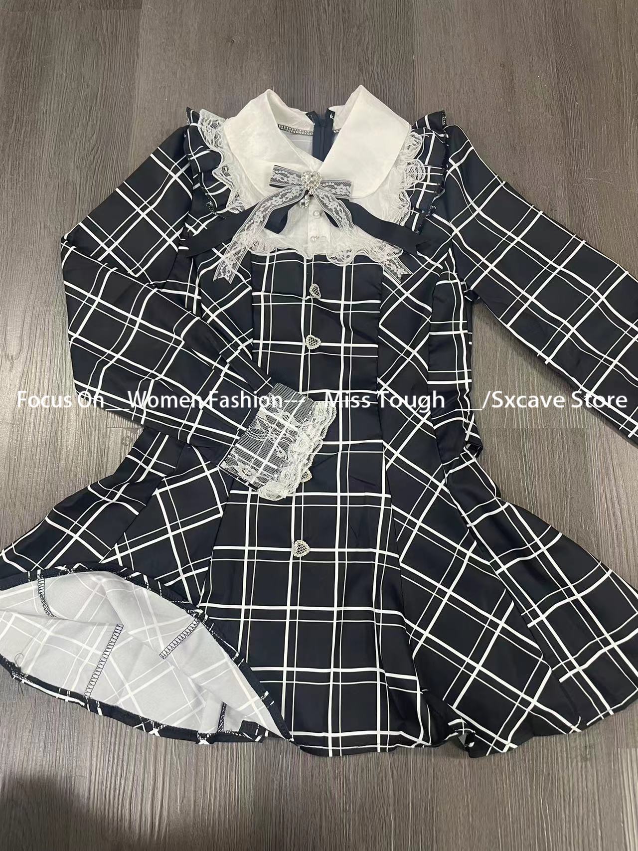 Harajuku Sweet Bow Black Plaid Dresses, Kawaii Lolita Dress for Women, Slim Fit Autumn Long Sleeve