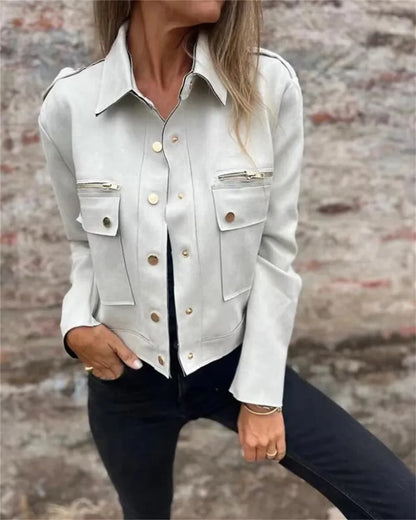 2025 Autumn Suede Jacket Long Sleeved Collar Jacket with Metal Zipper