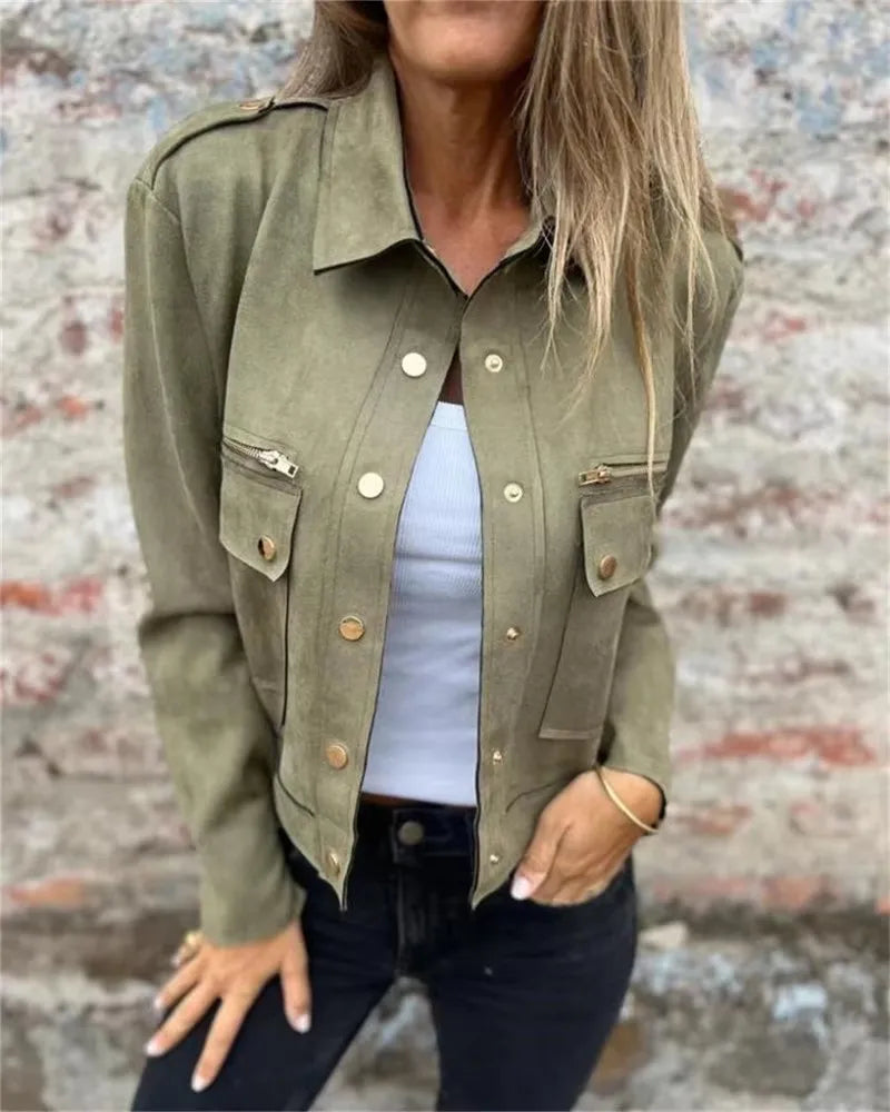 2025 Autumn Suede Jacket Long Sleeved Collar Jacket with Metal Zipper