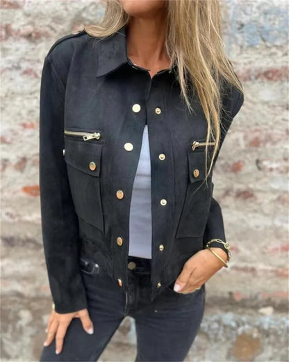 2025 Autumn Suede Jacket Long Sleeved Collar Jacket with Metal Zipper
