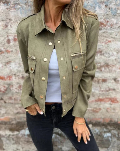2025 Autumn Suede Jacket Long Sleeved Collar Jacket with Metal Zipper