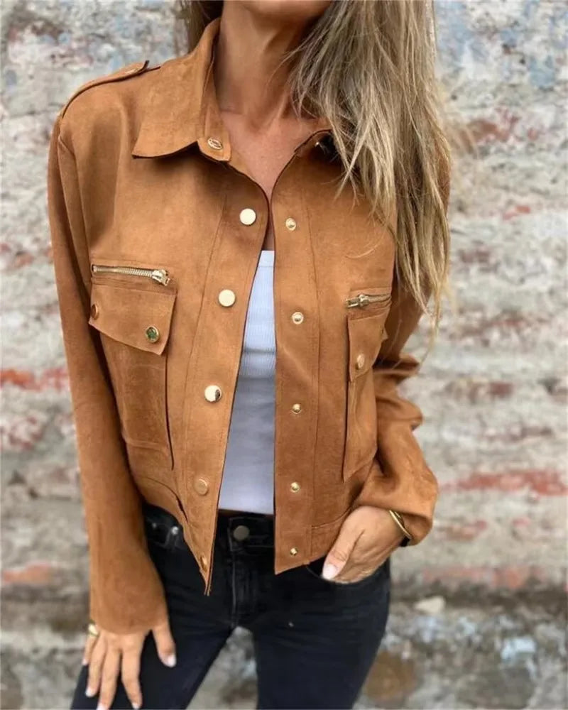 2025 Autumn Suede Jacket Long Sleeved Collar Jacket with Metal Zipper