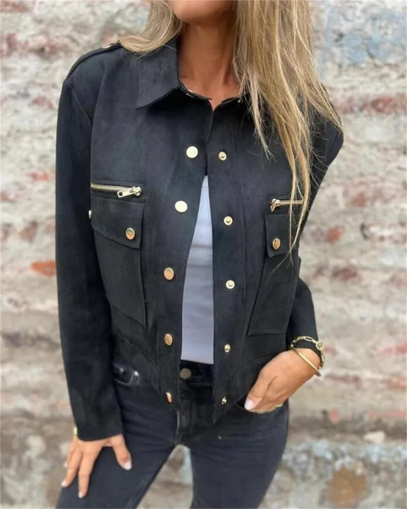 2025 Autumn Suede Jacket Long Sleeved Collar Jacket with Metal Zipper