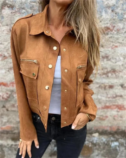 2025 Autumn Suede Jacket Long Sleeved Collar Jacket with Metal Zipper