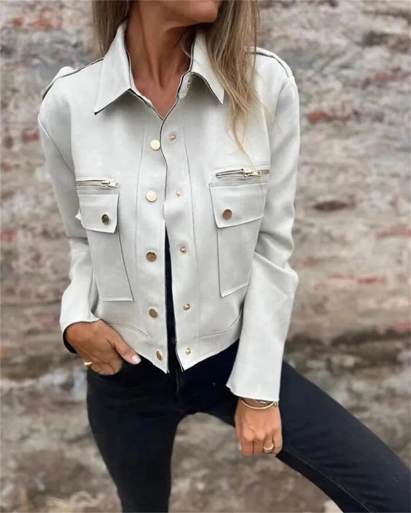 2025 Autumn Suede Jacket Long Sleeved Collar Jacket with Metal Zipper