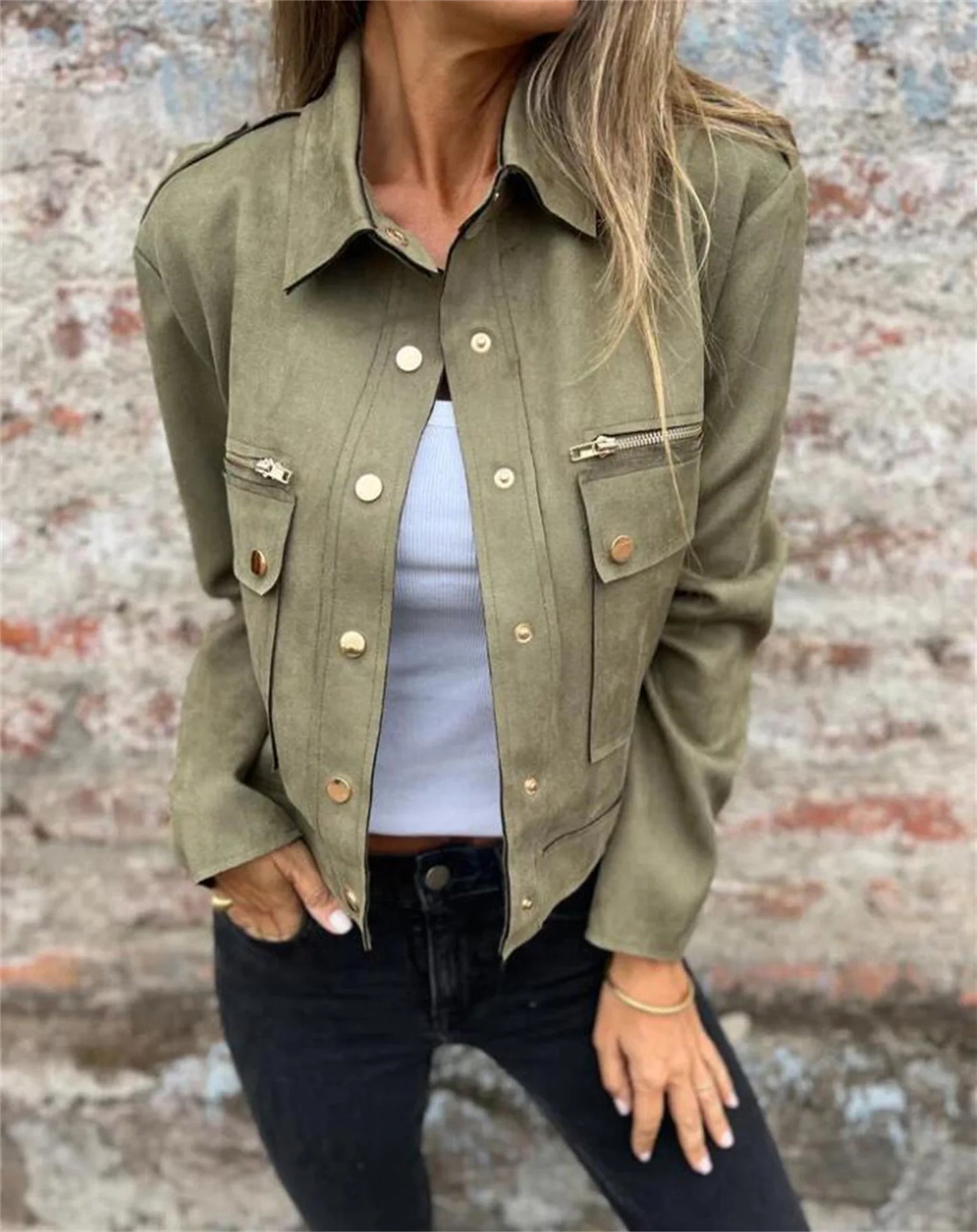 2025 Autumn Suede Jacket Long Sleeved Collar Jacket with Metal Zipper