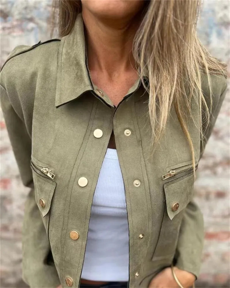 2025 Autumn Suede Jacket Long Sleeved Collar Jacket with Metal Zipper