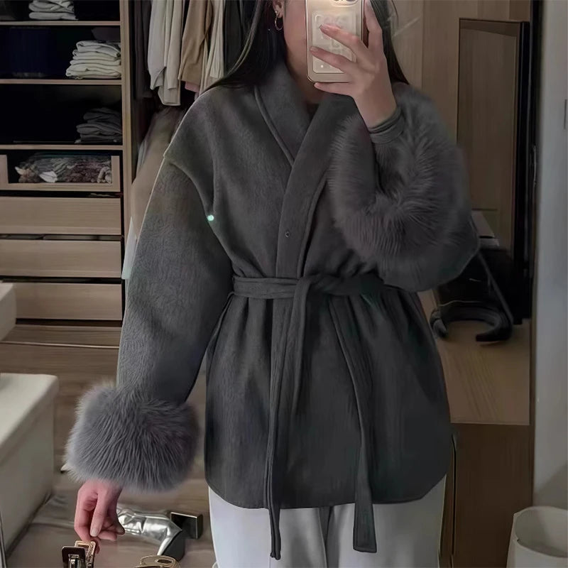 Elegant Woolen Short Coat, Lady Chic Loose Lapel Jacket, Furry Belt Long Sleeve Cardigan