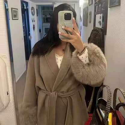 Elegant Woolen Short Coat Lady Chic Loose Lapel Jacket Furry Belt Long Sleeve Cardigan 1