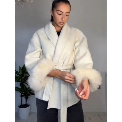 Elegant Woolen Short Coat Lady Chic Loose Lapel Jacket Furry Belt Long Sleeve Cardigan 2
