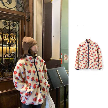 Sienne Face Rose Print Color Block Oversized Puffer Jacket Winter 2024 Commute Long Sleeve Zipper Closure