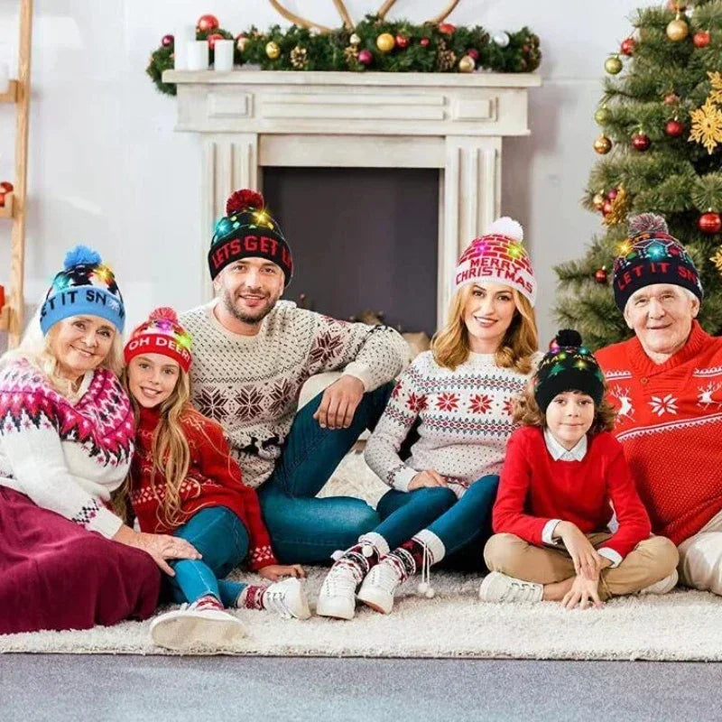 Snowman Knitted Christmas Hat with Colorful LED Lights, Warm Winter Cap for Adults & Kids, Xmas Party Decor and Novelty