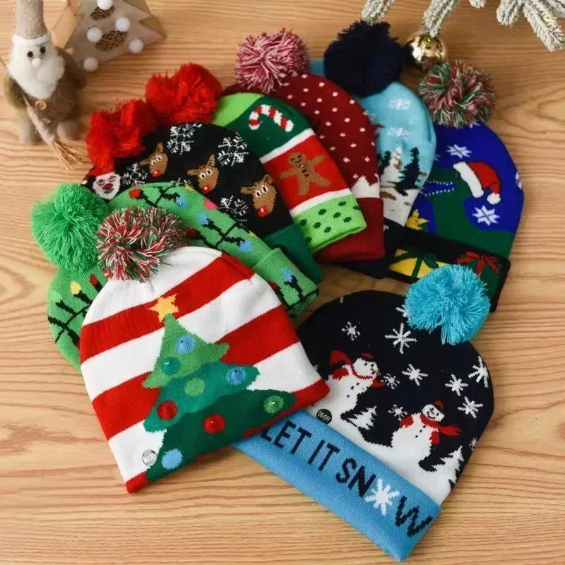 Snowman Knitted Christmas Hat with Colorful LED Lights, Warm Winter Cap for Adults & Kids, Xmas Party Decor and Novelty