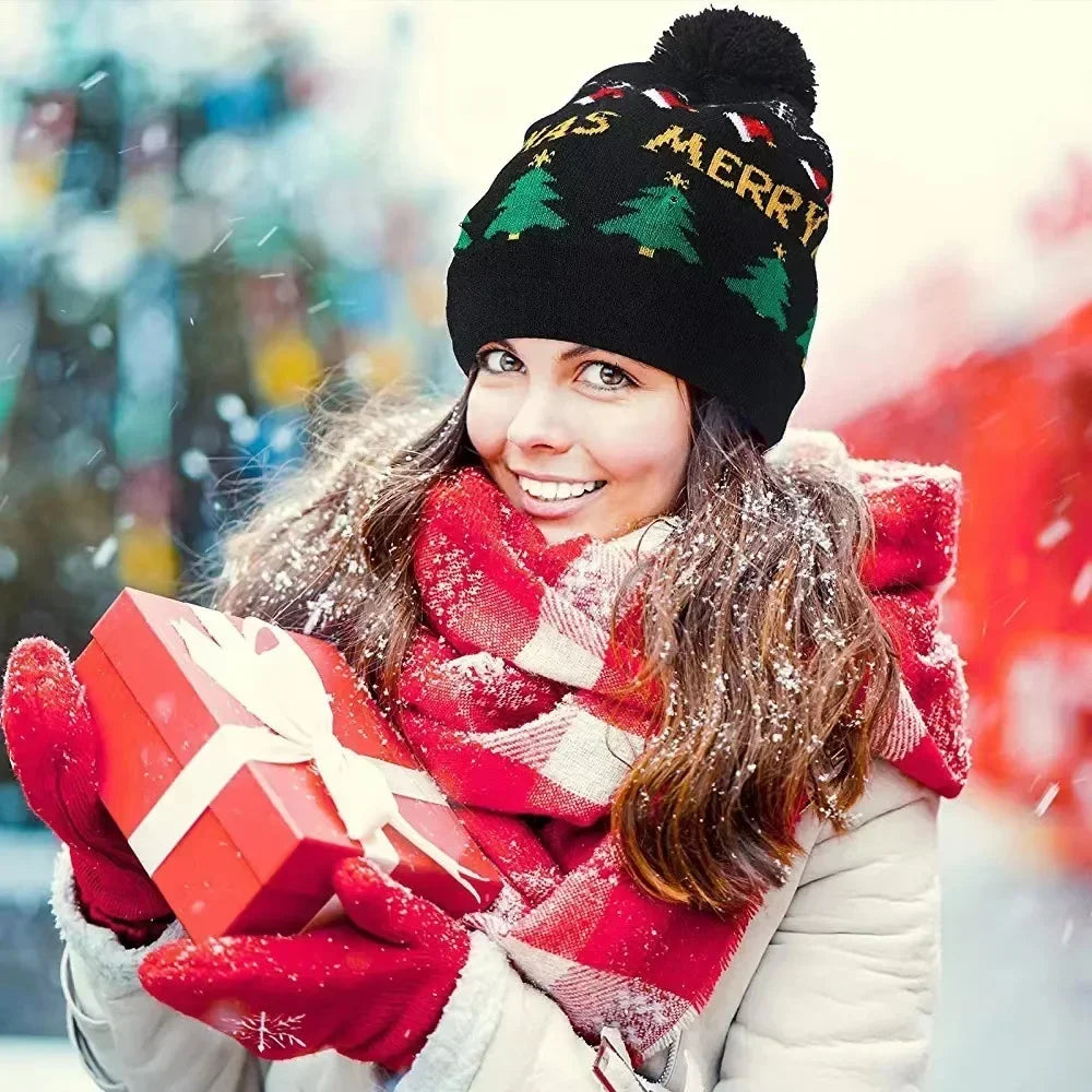 Snowman Knitted Christmas Hat with Colorful LED Lights, Warm Winter Cap for Adults & Kids, Xmas Party Decor and Novelty