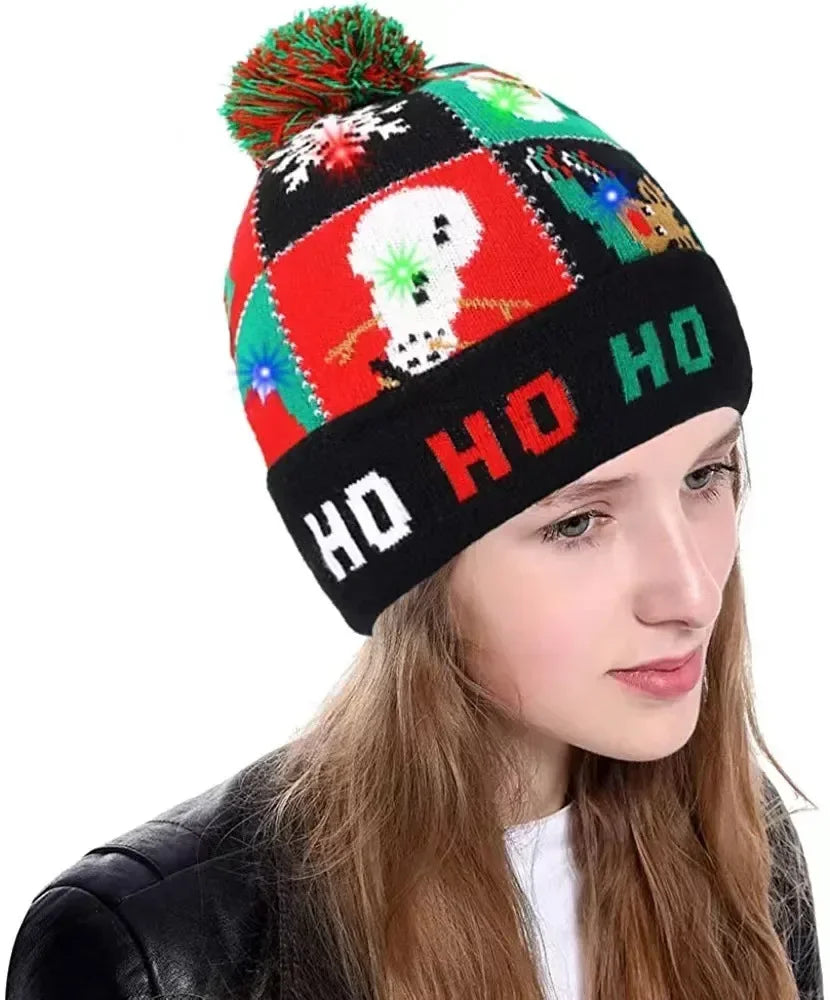 Snowman Knitted Christmas Hat with Colorful LED Lights, Warm Winter Cap for Adults & Kids, Xmas Party Decor and Novelty