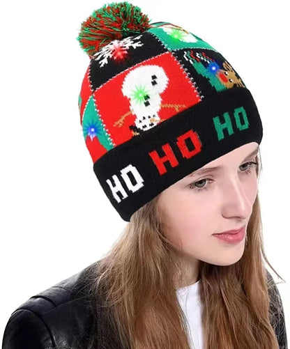 Snowman Knitted Christmas Hat with Colorful LED Lights, Warm Winter Cap for Adults & Kids, Xmas Party Decor and Novelty