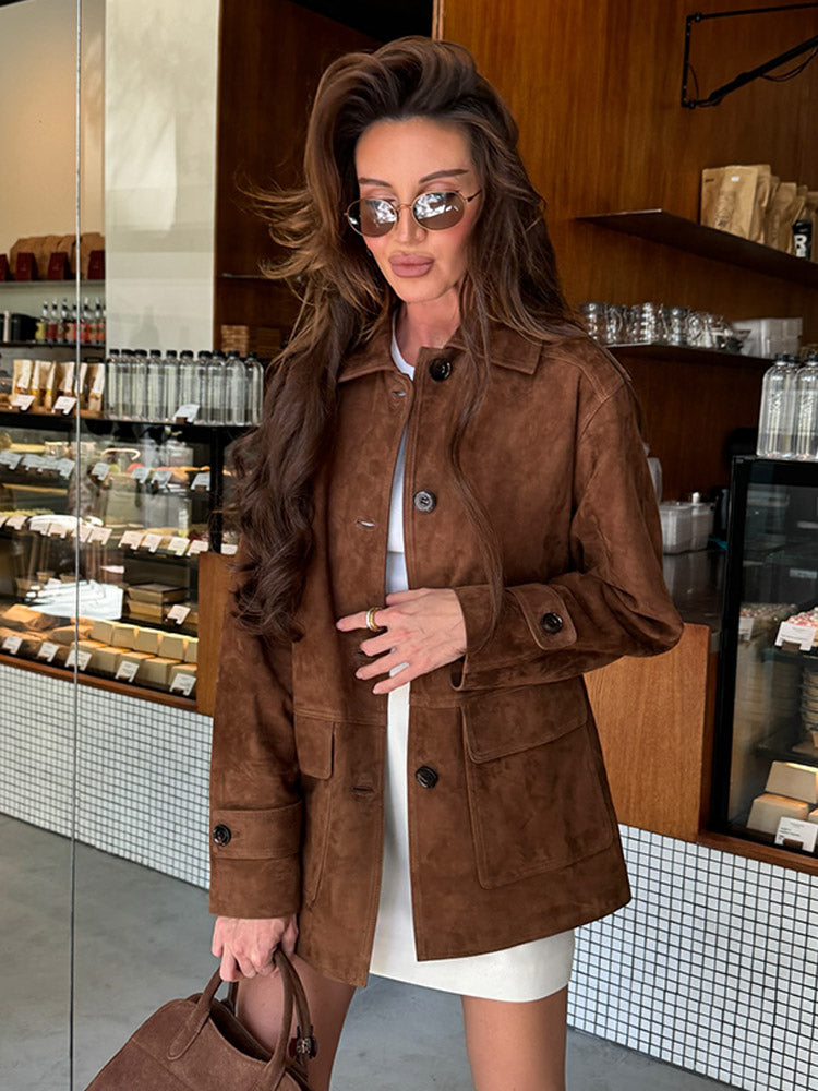 Women Dark Brown Suede Long Sleeve Coat Single Breasted Pocket Autumn Highstreet Outerwear Lady 2025