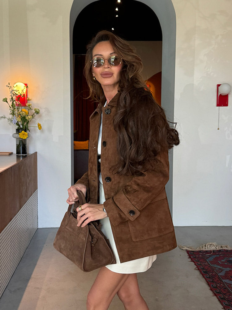 Women Dark Brown Suede Long Sleeve Coat Single Breasted Pocket Autumn Highstreet Outerwear Lady 2025