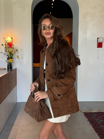 Women Dark Brown Suede Long Sleeve Coat Single Breasted Pocket Autumn Highstreet Outerwear Lady 2025