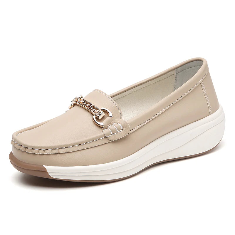Designer Flat Platform Loafers for Women, Spilt Leather Casual Shoes, Wedge Sneakers, Slip On Ladies Moccasins