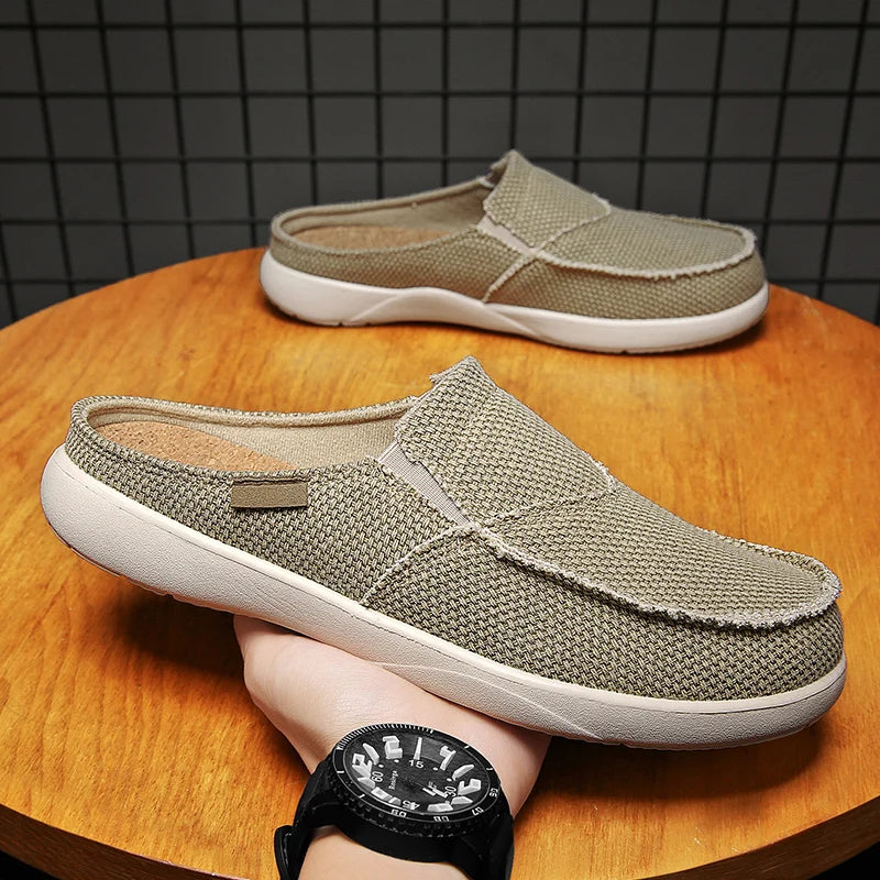 Breathable Lightweight Casual Slippers For Men Summer Canvas Slip On Half Shoes Big Size Zapatillas 3