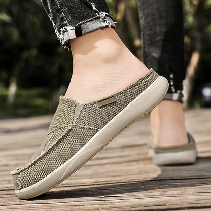 Breathable Lightweight Casual Slippers For Men Summer, Canvas Slip On Half Shoes, Big Size Shoe