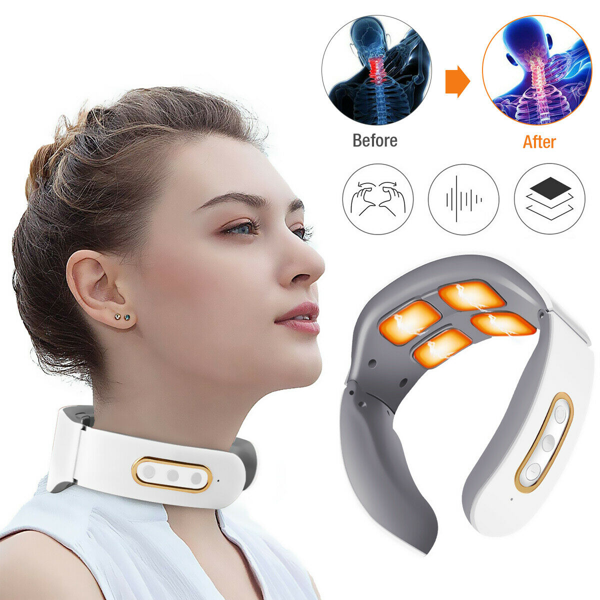 Magnetic Pulse 4-Head Kneading Electric Neck Shoulder Massager, Heating Cervical Vertebra Relax Pain Relief Massage