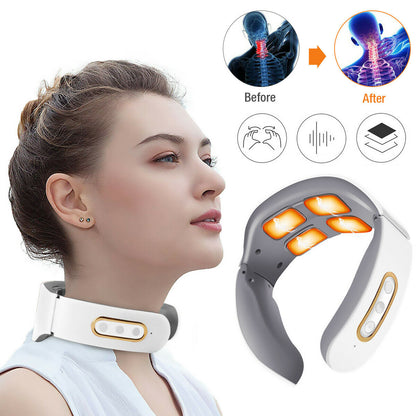 Magnetic Pulse 4-Head Kneading Electric Neck Shoulder Massager, Heating Cervical Vertebra Relax Pain Relief Massage