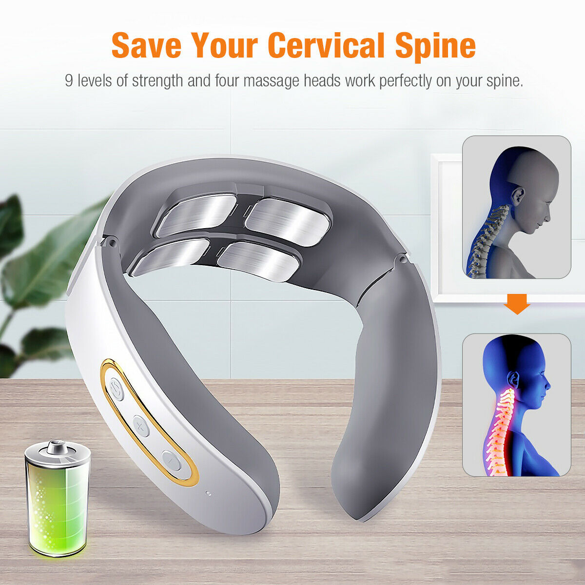 Magnetic Pulse 4-Head Kneading Electric Neck Shoulder Massager, Heating Cervical Vertebra Relax Pain Relief Massage