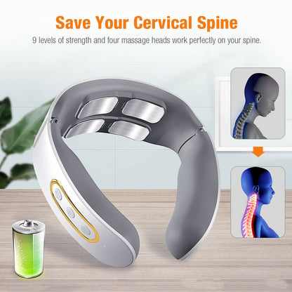 Magnetic Pulse 4-Head Kneading Electric Neck Shoulder Massager, Heating Cervical Vertebra Relax Pain Relief Massage