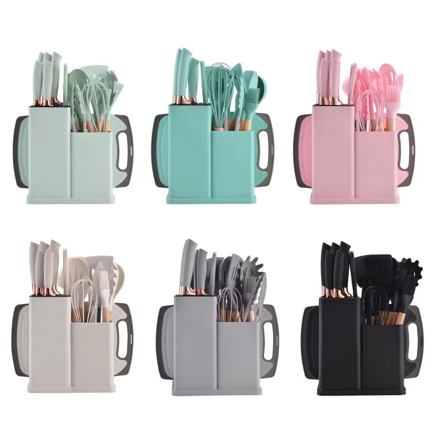 19-Piece Food Grade Silicone Kitchenware Set – Cooking Utensils, Cutting Board & Knives Combo