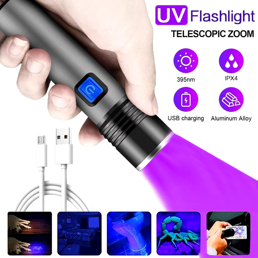 USB Rechargeable 365nm UV Flashlight  Portable Aluminum Ultraviolet Light Torch And Black Light Pet 6