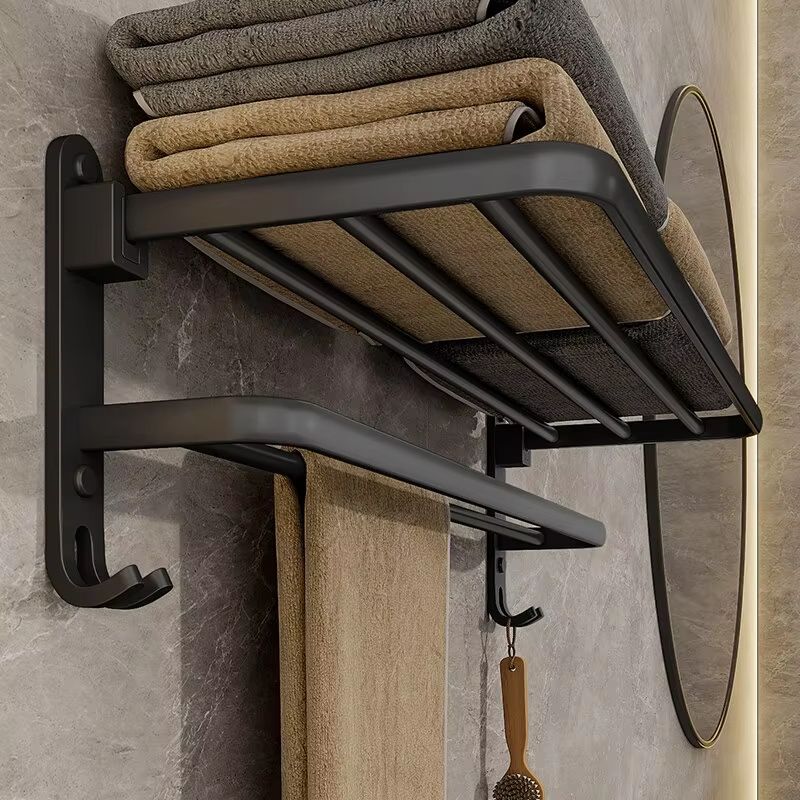 Matte Black Folding Towel Rack – 50CM Wall Mount Aluminum Holder with Hook