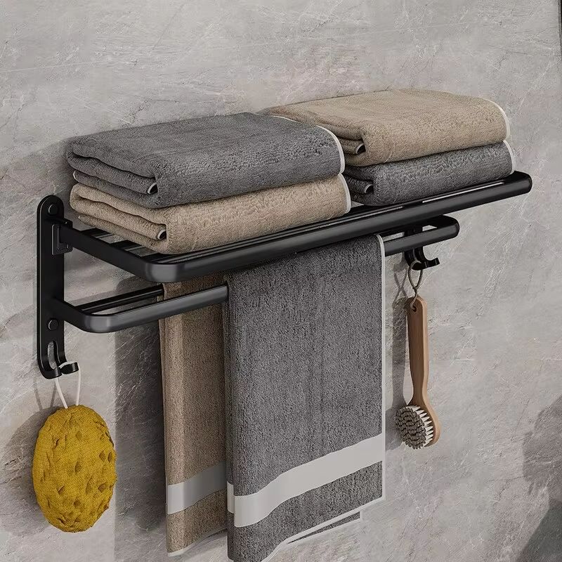 Matte Black Folding Towel Rack  50CM Wall Mount Aluminum Holder With Hook 1