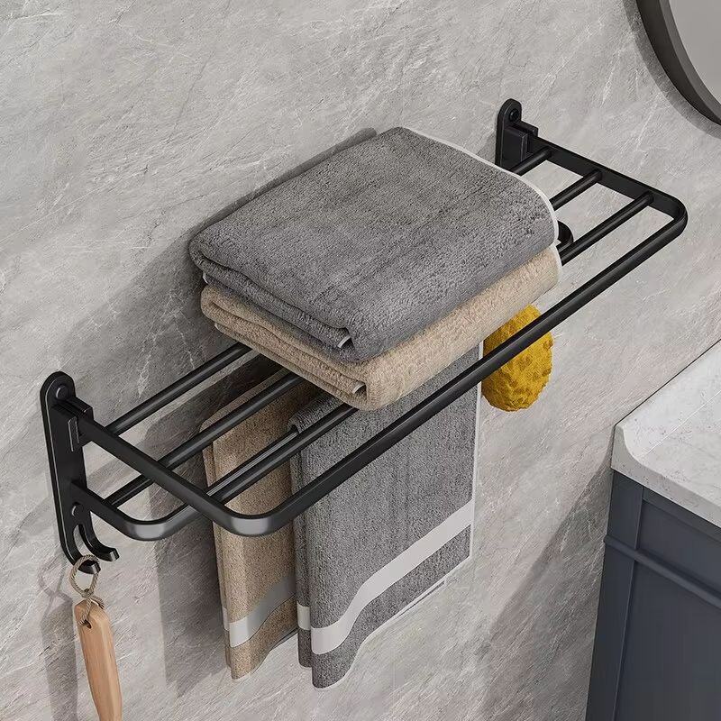Matte Black Folding Towel Rack  50CM Wall Mount Aluminum Holder With Hook 2