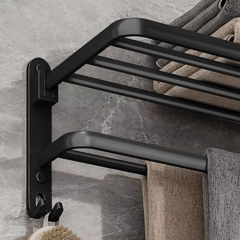 Matte Black Folding Towel Rack  50CM Wall Mount Aluminum Holder With Hook 4