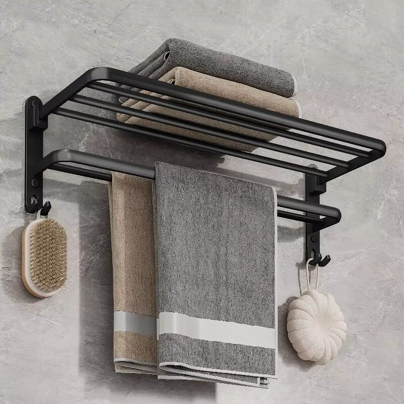 Matte Black Folding Towel Rack  50CM Wall Mount Aluminum Holder With Hook 5
