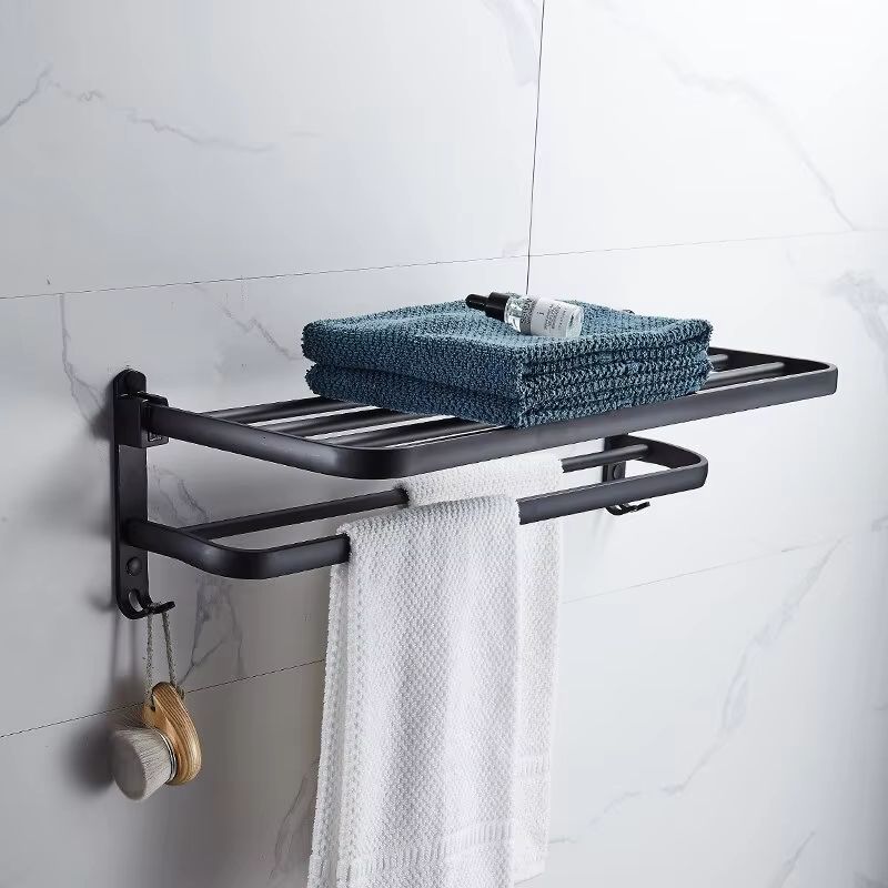 Matte Black Folding Towel Rack  50CM Wall Mount Aluminum Holder With Hook 6