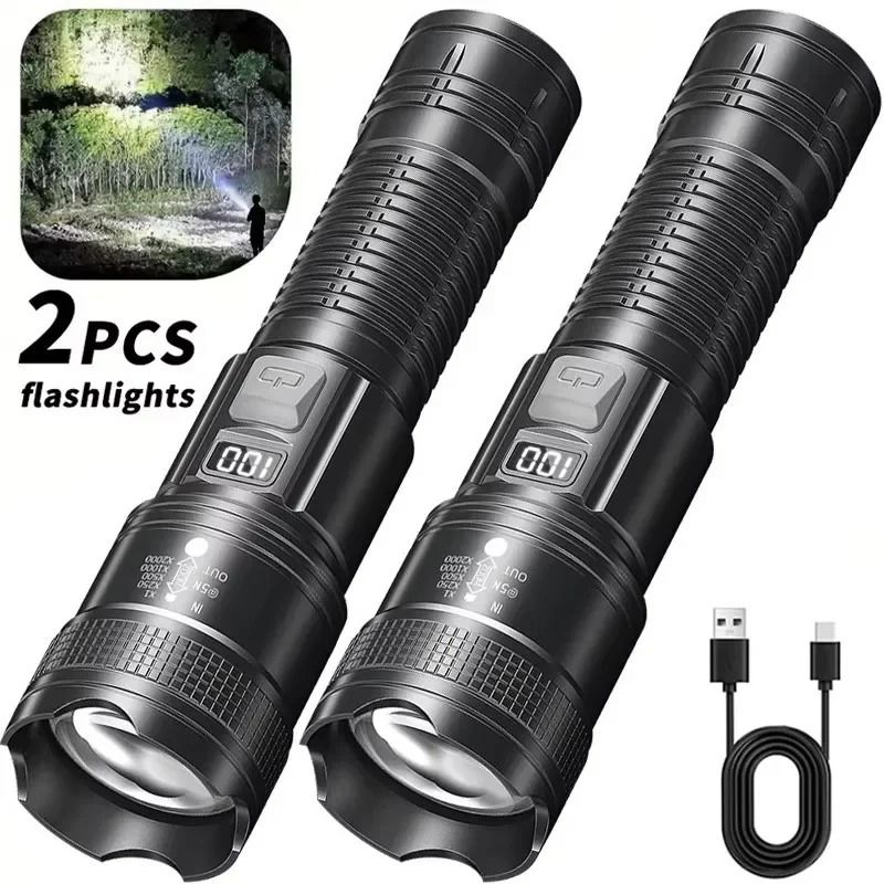 High Power LED Flashlight USB Rechargeable With Display Zoom Lantern 10