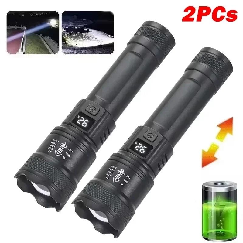 High Power LED Flashlight USB Rechargeable With Display Zoom Lantern 12