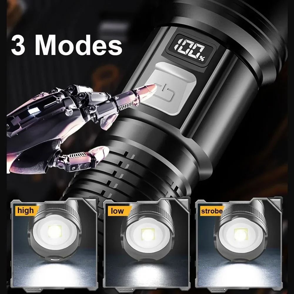 High Power LED Flashlight USB Rechargeable With Display Zoom Lantern 1