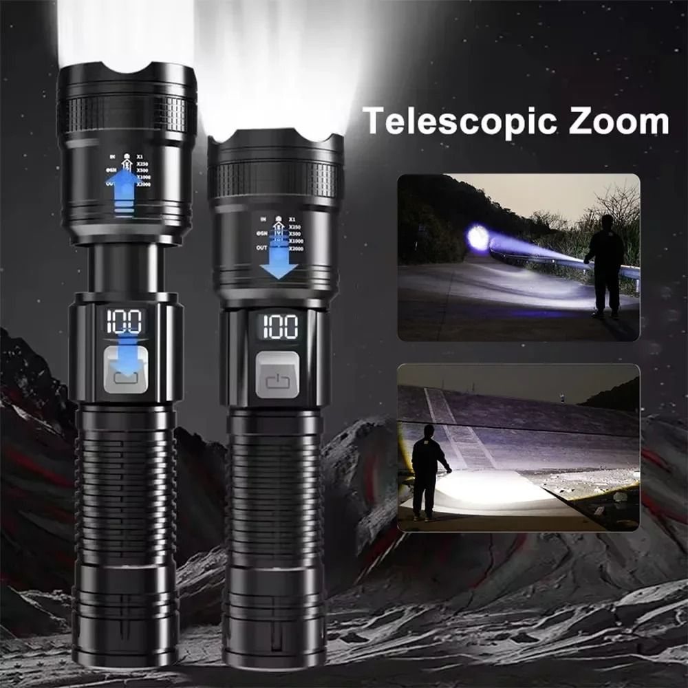 High Power LED Flashlight USB Rechargeable With Display Zoom Lantern 2