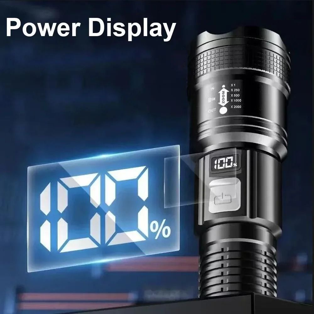 High Power LED Flashlight USB Rechargeable With Display Zoom Lantern 4