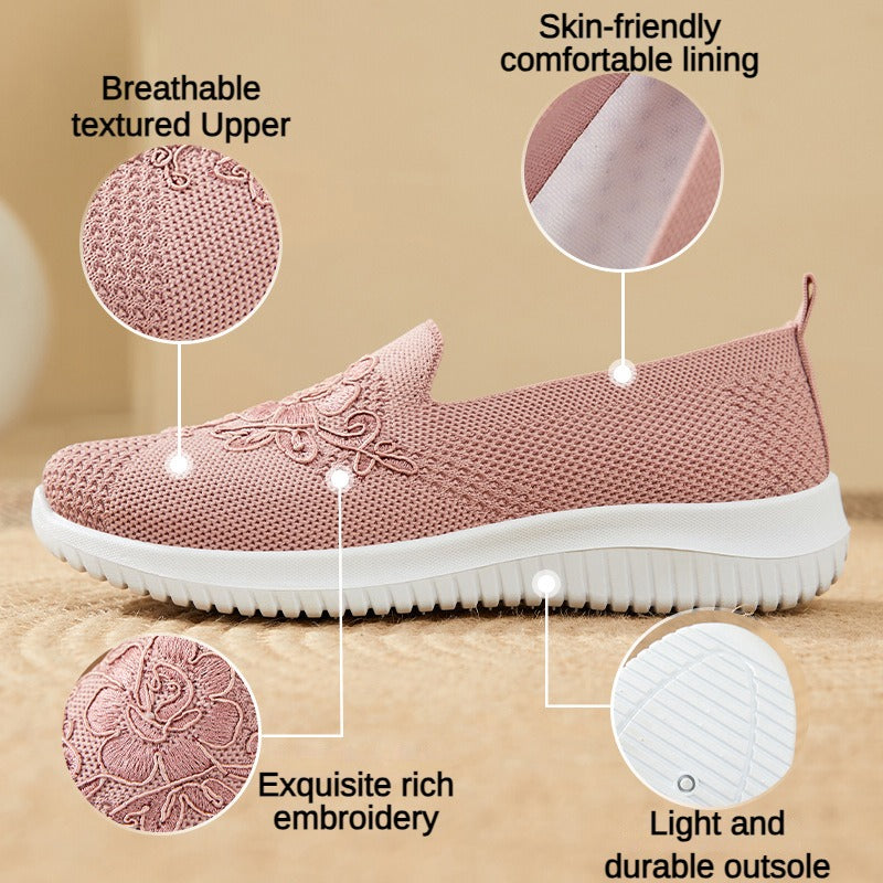 Womens Summer Soft Embroidery Flat Shoes, Knitted Breathable Shoes, Chinese Flower Style Casual Flats, New Fashion